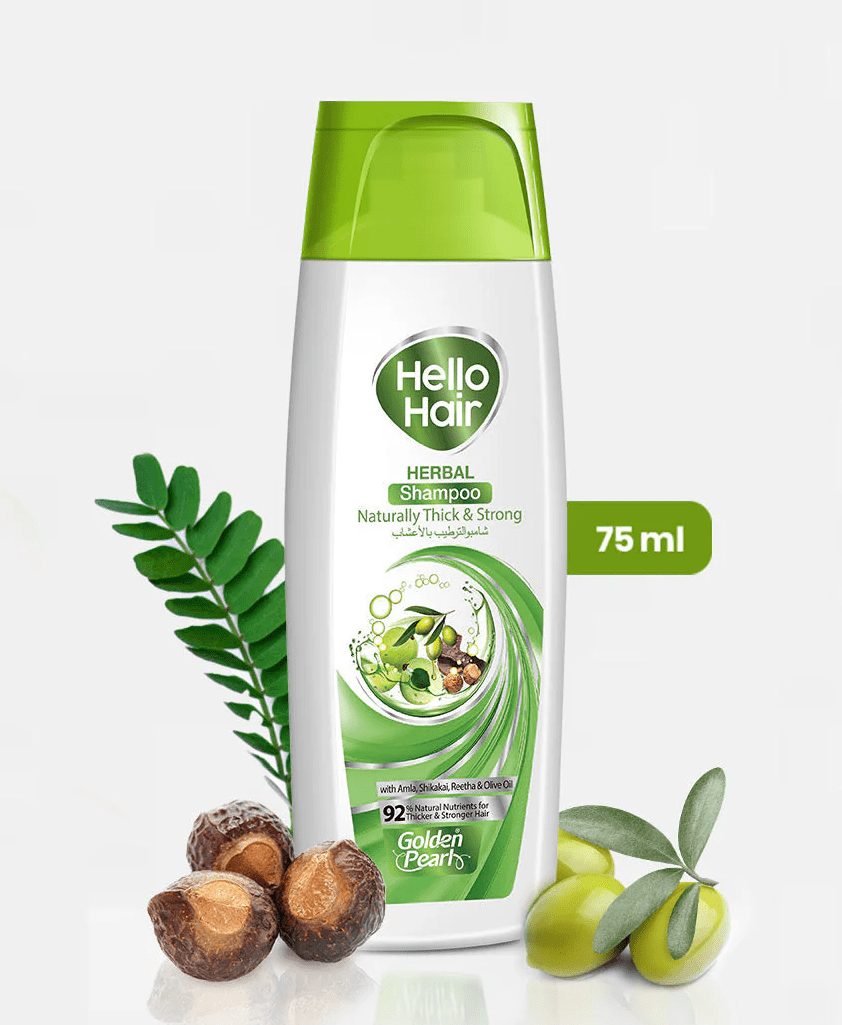 Golden Pearl Hello Hair Herbal Shampoo 75ml available at Gardezi Mart for healthy, strong, and nourished hair.
