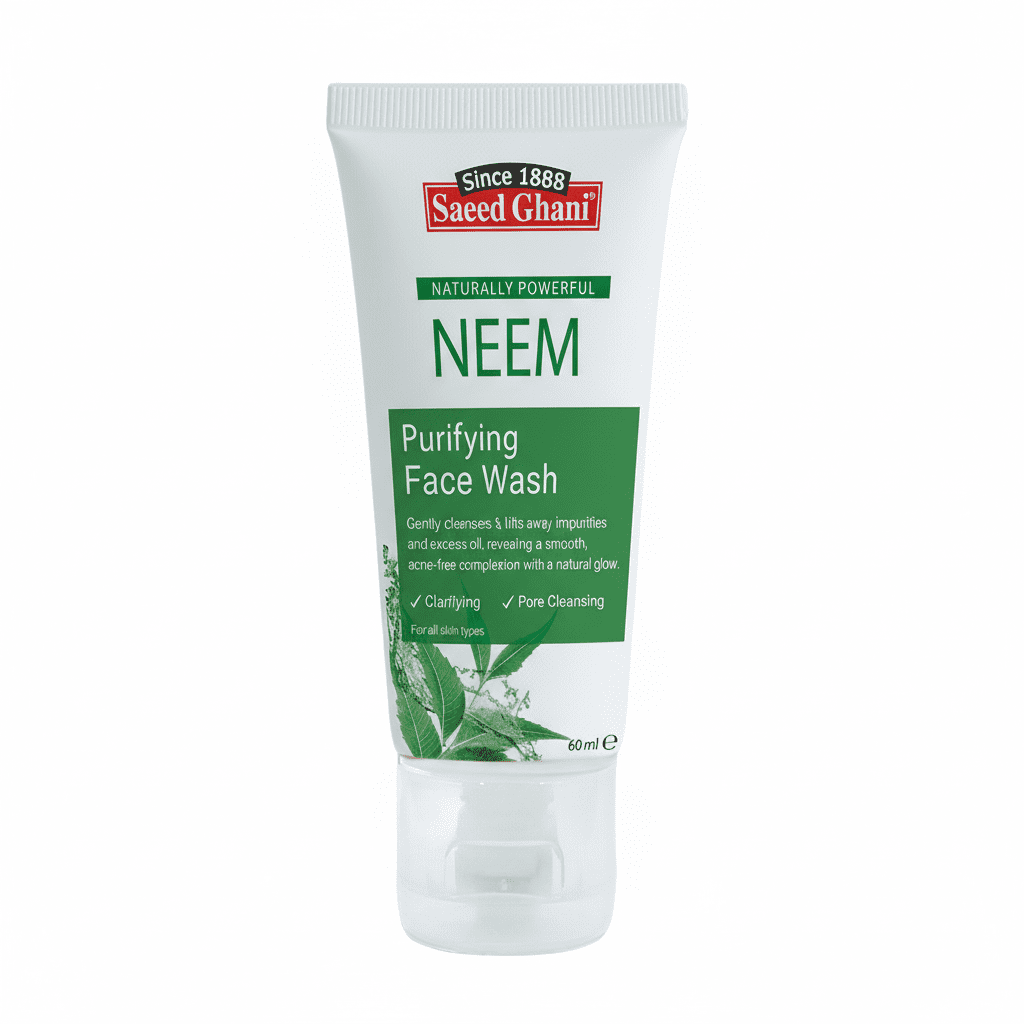 Saeed Ghani Neem Face Wash 60ml – herbal face wash with neem extracts for clean, clear, and refreshed skin – available at Gardezi Mart.