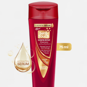 "Golden Pearl Set and Touch Keratin Repair Shampoo 75ml available at Gardezi Mart for strong, repaired, and healthy hair."