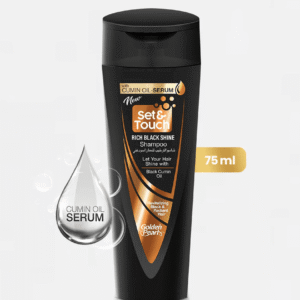 "Golden Pearl Set and Touch Rich Black Shine Shampoo 75ml available at Gardezi Mart for glossy, healthy, and black hair."