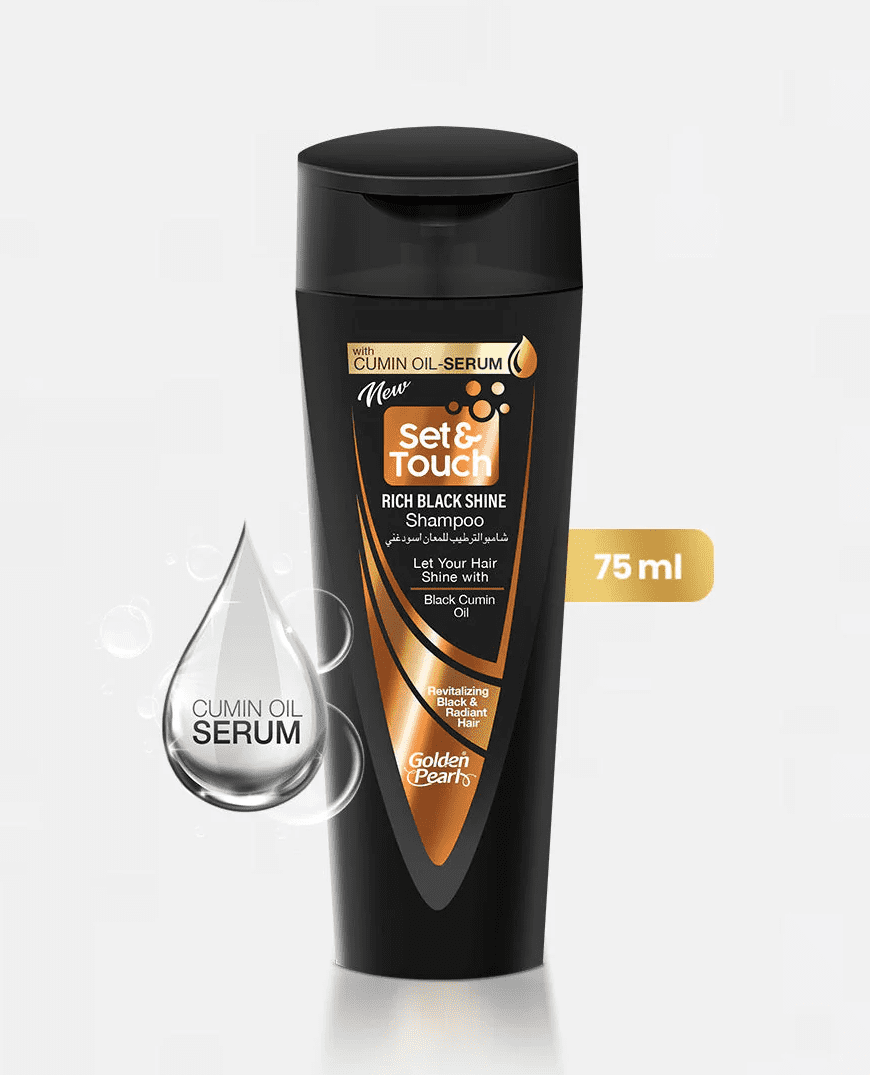 "Golden Pearl Set and Touch Rich Black Shine Shampoo 75ml available at Gardezi Mart for glossy, healthy, and black hair."