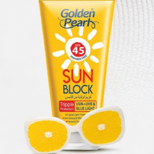 "Golden Pearl Sun Block SPF 45 60ml available at Gardezi Mart for effective sun protection and glowing skin."