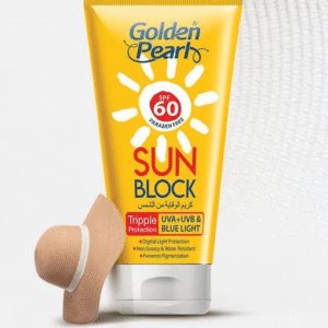 "Golden Pearl Sun Block SPF 60 60ml available at Gardezi Mart for daily sun protection and glowing skin."