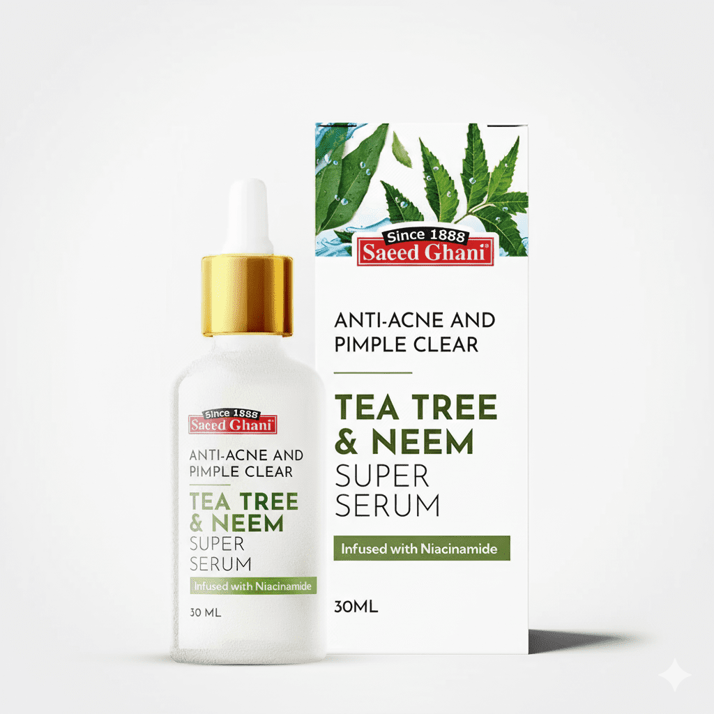 Saeed Ghani Tea Tree & Neem Super Serum 30ml bottle for acne-prone and healthy skin