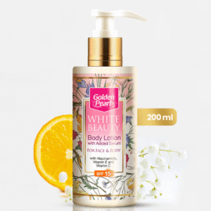 "Golden Pearl White Beauty Body Lotion 200ml bottle for smooth, bright, and nourished skin."
